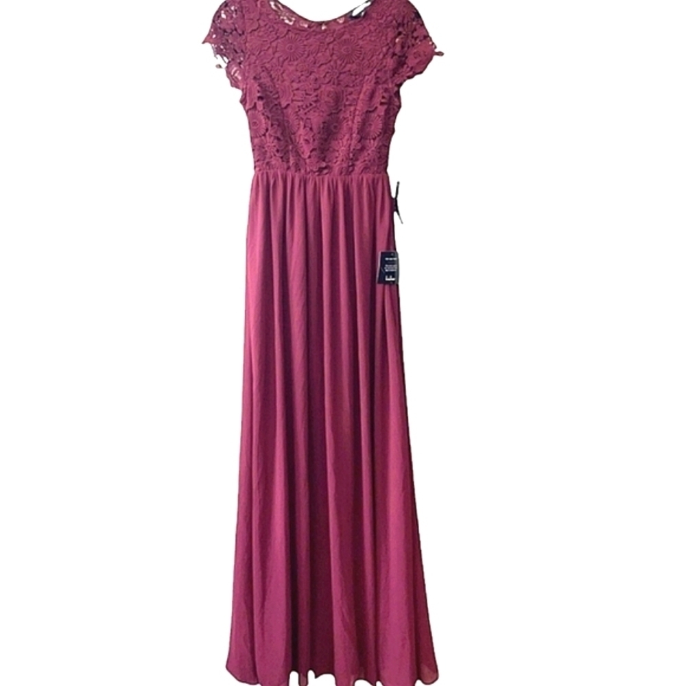 LULUS The Greatest Lace Maxi Dress Burgundy Crew Backless Cap Sleeves Sz SM NWT - Picture 12 of 15